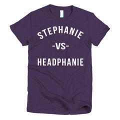 "Stephanie vs Headphanie" Purple Women's T-Shirt - White Letters by Luke&Lynn Clothing